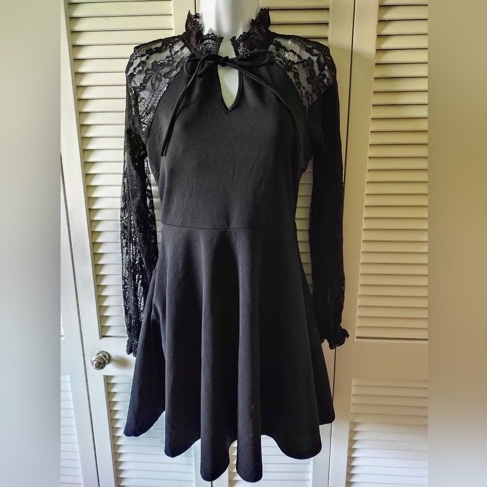 NWT SHEIN Black Mini Dress, Flirty with Lacey Long Sleeves, Flared skirt, size 4